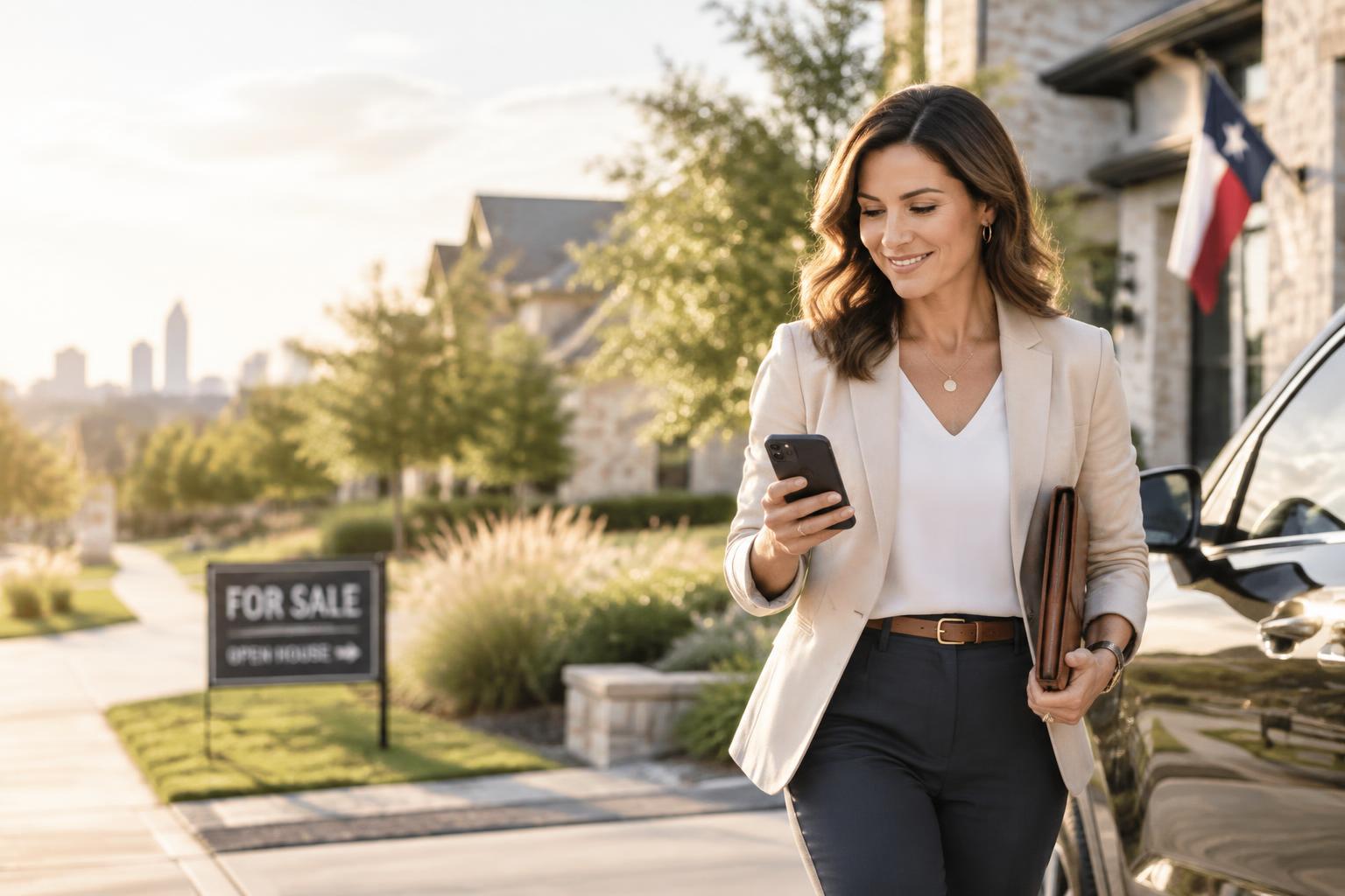 A real estate agent moving between a showing, her phone and her schedule
