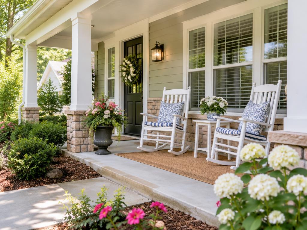 Welcoming front porch with rocking chairs and flowers